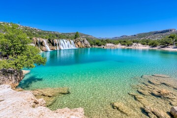 Fototapeta premium A crystal-clear HDR image of a waterfall cascading into a turquoise pool, with mist rising and light filtering through the trees
