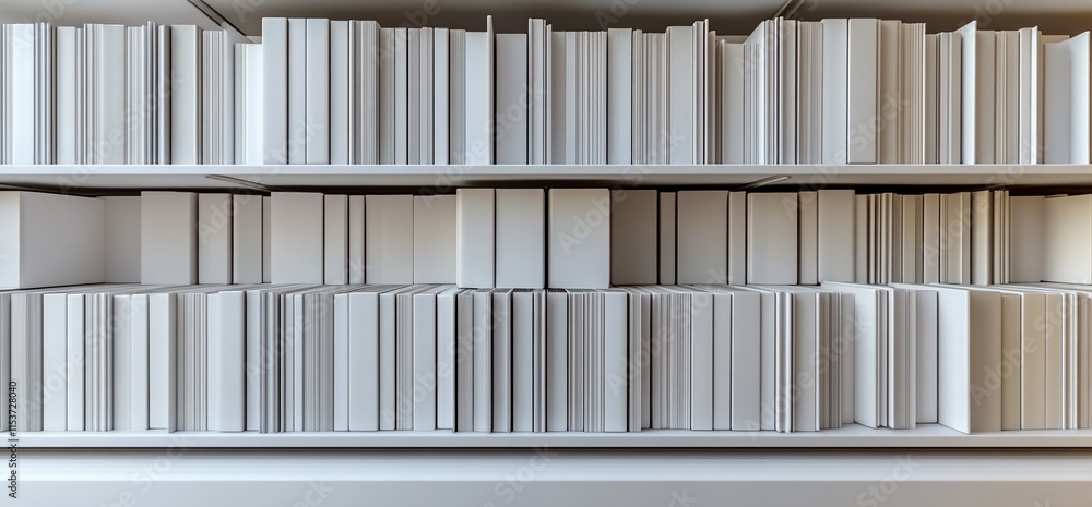 Poster a minimalist bookshelf filled with neatly arranged white books.