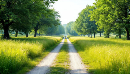 Obraz premium Road through grass field border landscape grassland outdoors isolated against transparent background. Natural concept