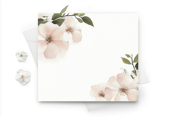 Simple, elegant wedding invitation with a watercolor painting design in gauche technique, featuring a white envelope and soft paper background, perfect for a party invitation, engagement, RSVP.