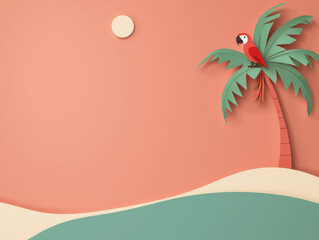Fototapeta premium Pirate cartoon kids story. Colorful paper design featuring a palm tree and a parrot on a beach scene.