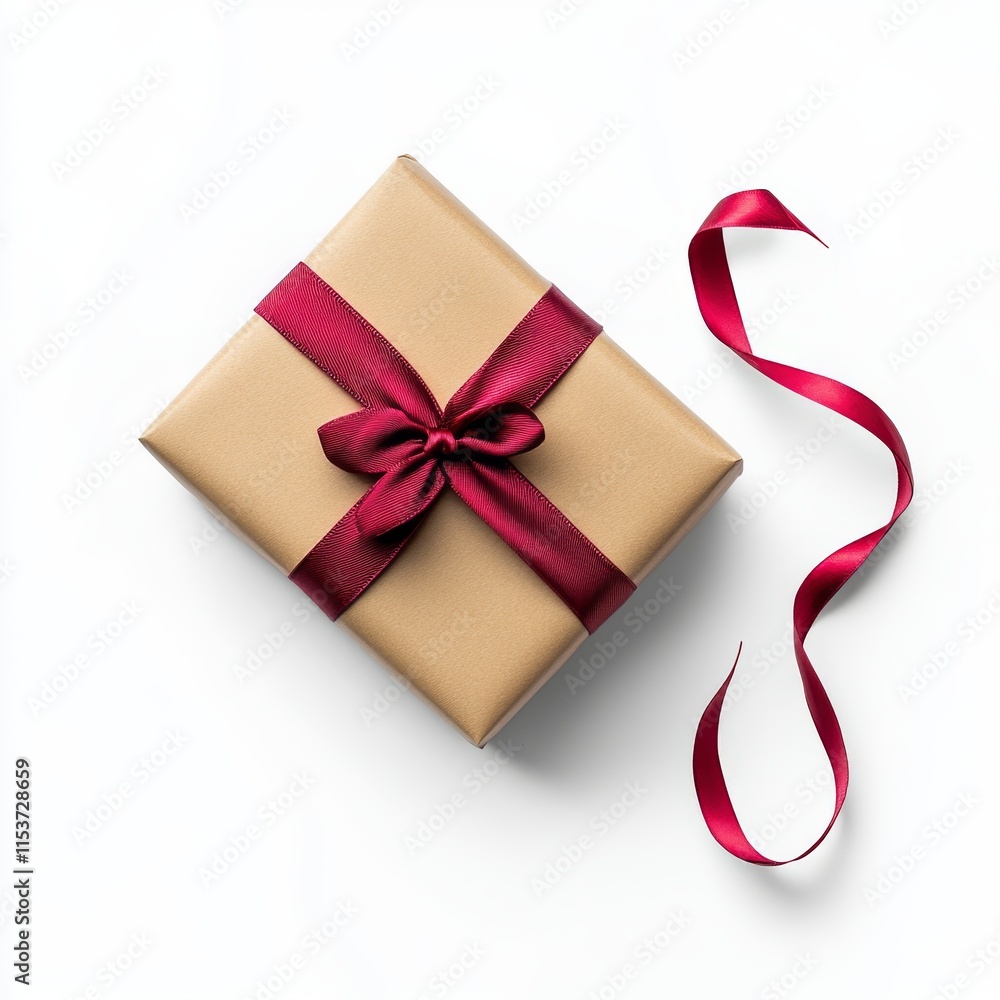 Poster isolated top view of a gift box with a red ribbon and bow on a transparent background, available as 