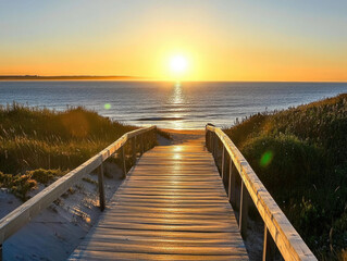Obraz premium At Sunset, a Wooden Boardwalk Leading to the Sea with a Vast View of the Sky and Sea Blending into One.