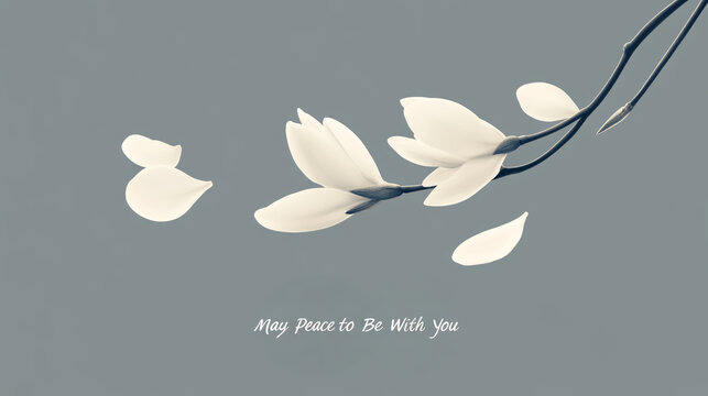 Illustration of soft white petals gently falling from above with the words 'May Peace Be With You'.