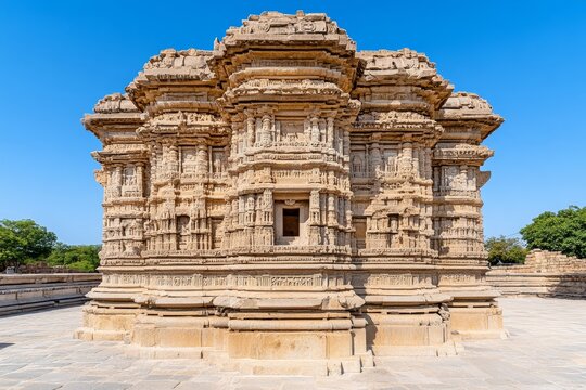 A detailed HDR image of an ancient temple illuminated by golden-hour sunlight, with intricate carvings and sharp shadow contrasts