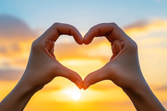 A detailed shot of hands forming a heart shape in front of a beautiful golden sunset, with rays of light streaming through the fingers