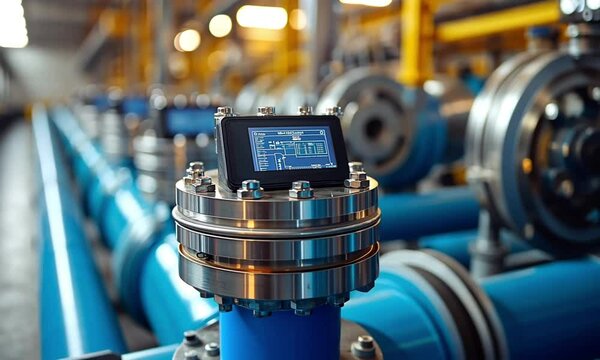 Industrial Flow Meter Displaying Real-time Data in a Modern Facility