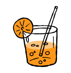 Glass with fruit martini alcohol cocktail. Tropical cartoon bar beverage drink. Fresh citrus summer juice with straw. Orange juice sticker.