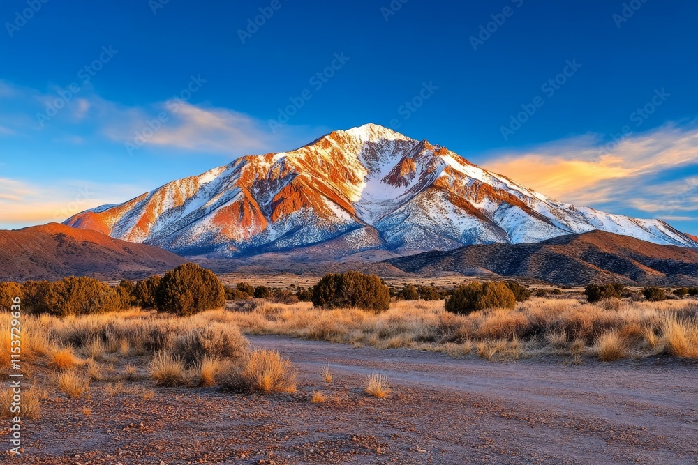 Aufkleber A dynamic HDR image of a snow-capped mountain range glowing in the first light of dawn, with crisp shadows and soft highlights