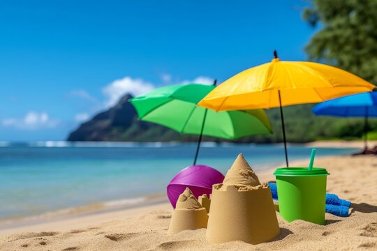 A family building sandcastles on a Hawaiian beach, with colorful umbrellas, towels, and tropical drinks nearby