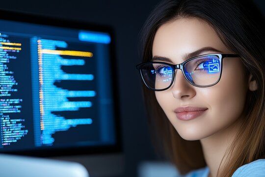 A female programmer debugging code in a modern coworking space, with real-time analytics charts glowing on her laptop screen