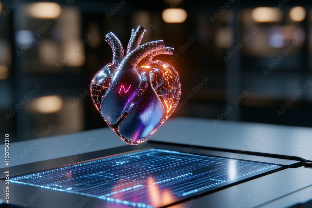 Poster a futuristic holographic heart, glowing with vibrant blue and purple light, floating above a high-te