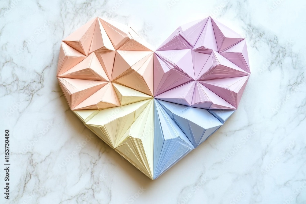 Poster a geometric heart design composed of sharp lines and pastel gradients, set against a neutral backgro