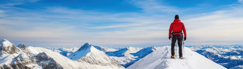 Obraz premium A climber stands on a snowy peak, gazing at the stunning mountain landscape under a clear blue sky, embodying adventure and freedom.
