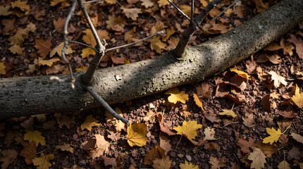 Fototapeta premium Fallen Leaves and Broken Branch in an Autumn Forest