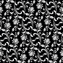 Flower pattern. Seamless white and black ornament. Graphic vector background.