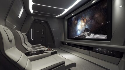 A cinematic home theater setup with a bright night sky TV display, sleek gray walls, and a concealed sound system.