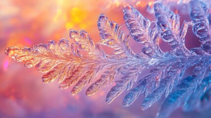 Fototapeta premium Delicate Frosted Leaf with Colorful Background in Winter Glow