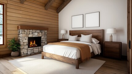 Fototapeta premium A cozy, modern bedroom featuring a wooden bed, stone fireplace, and warm decor, perfect for relaxation and comfort.
