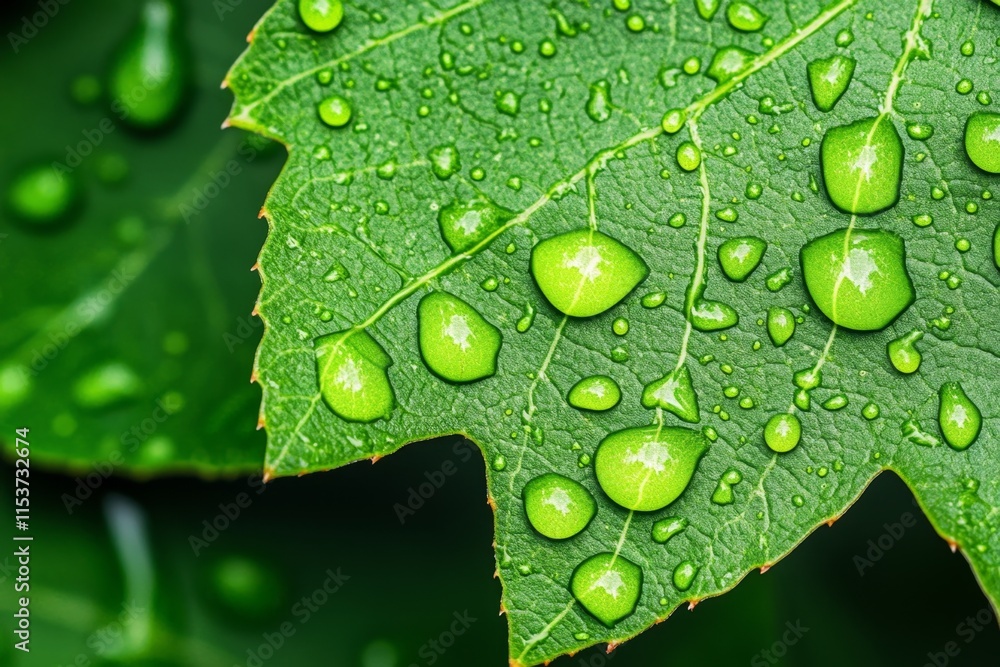 Poster A hyper-realistic HDR close-up of rain droplets on a vibrant green leaf, capturing intricate reflections, water texture, and soft light filtering through