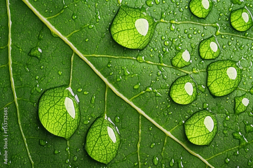 Poster A hyper-realistic HDR close-up of rain droplets on a vibrant green leaf, capturing intricate reflections, water texture, and soft light filtering through
