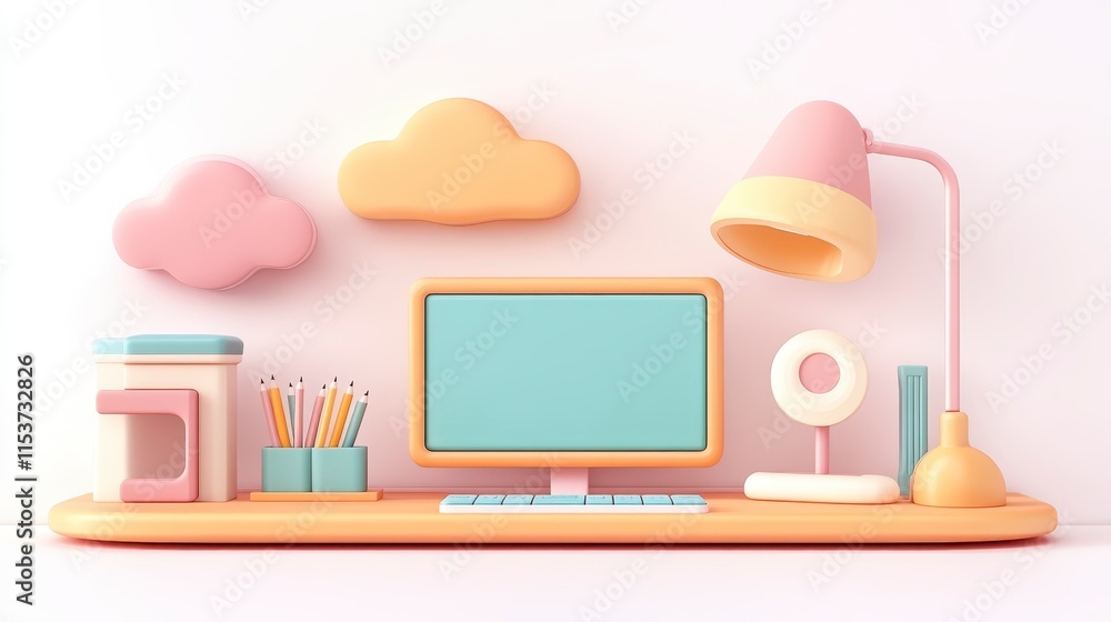 Poster a colorful and playful workspace featuring a computer, desk lamp, and decorative clouds, creating a 