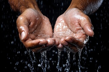 Fototapeta premium A hyper-realistic close-up of hands covered in droplets of water, showcasing every wrinkle, pore, and texture with detailed lighting and reflections