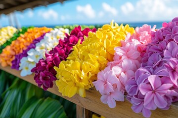 A lei vendor stall filled with colorful flower leis, displayed on wooden stands under a sunny Hawaiian sky