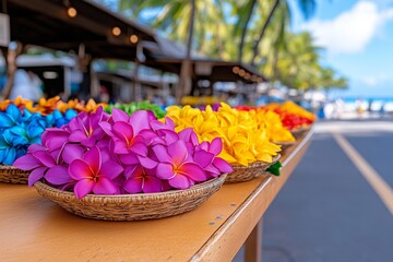 A lei vendor stall filled with colorful flower leis, displayed on wooden stands under a sunny Hawaiian sky
