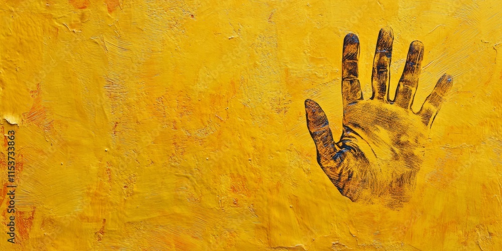 Poster hand print on a vibrant yellow textured wall captures a unique artistic expression, highlighting the