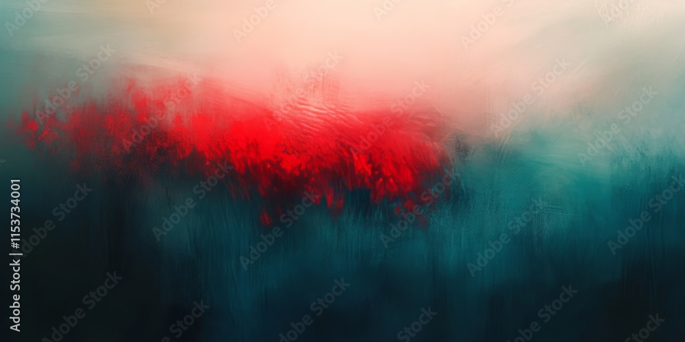 Poster an abstract composition showcasing a blend of blurry blue hues mixed with vibrant red and subtle gre