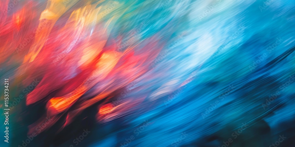 Poster an abstract composition showcasing a blend of blurry blue hues mixed with vibrant red and subtle gre