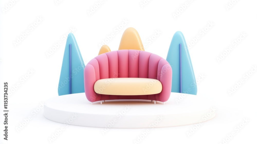 Poster a colorful, modern sofa with a curved design, surrounded by playful geometric shapes, creating a vib