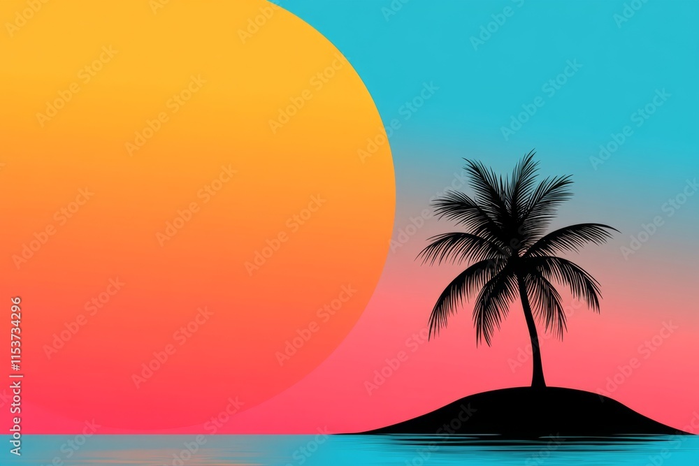 Poster a minimalist illustration of a palm tree on a small island, set against a vibrant gradient backgroun