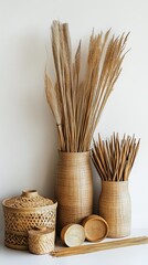 Elegant thai style craftsmanship artistic Concept, Elegant Arrangement of Thai Bamboo Crafts Featuring Delicate Textures and Natural Elements for a Serene Home Decor Aesthetic