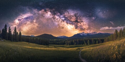 Starry sky filled with the Milky Way cascading over a serene meadow and lush forest, creating a breathtaking view of the starry sky and Milky Way intertwining in nature s beauty.