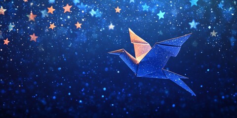 Stars form an origami bird shape set against a blue night sky background, creating a whimsical display of stars. This unique origami bird shape brings a magical touch to the night sky filled with