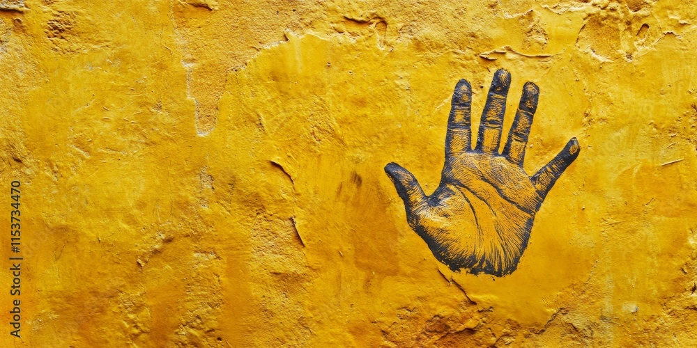 Aufkleber hand print on a vibrant yellow textured wall captures a unique artistic expression, highlighting the
