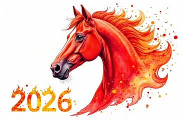 Head of a red fiery horse and number 2026  with flames around. White background. Symbol of Chinese New Year 2026. Copyspace