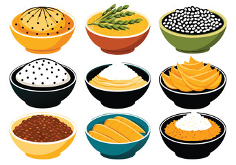 Golden and Black Bowl Set Featuring Grains and Pulses: Black Lentils and Red Lentils. Colorful Cereal Bowls with Lentils, Peas, and Whole Grains