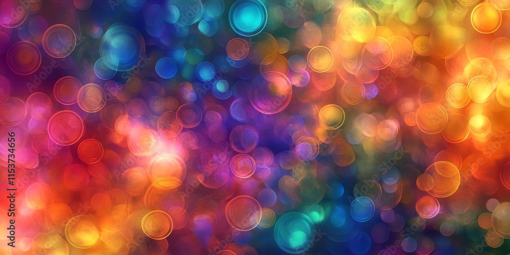 Poster background featuring an abstract pattern of vibrant, colorful circles of light, creating a visually 
