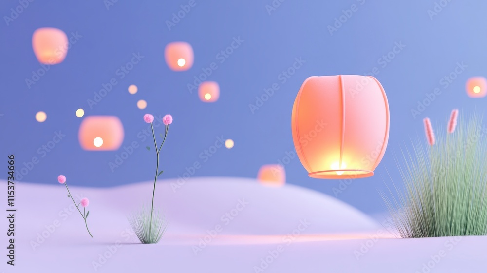 Poster a serene evening scene featuring floating lanterns against a soft blue background, creating a dreamy