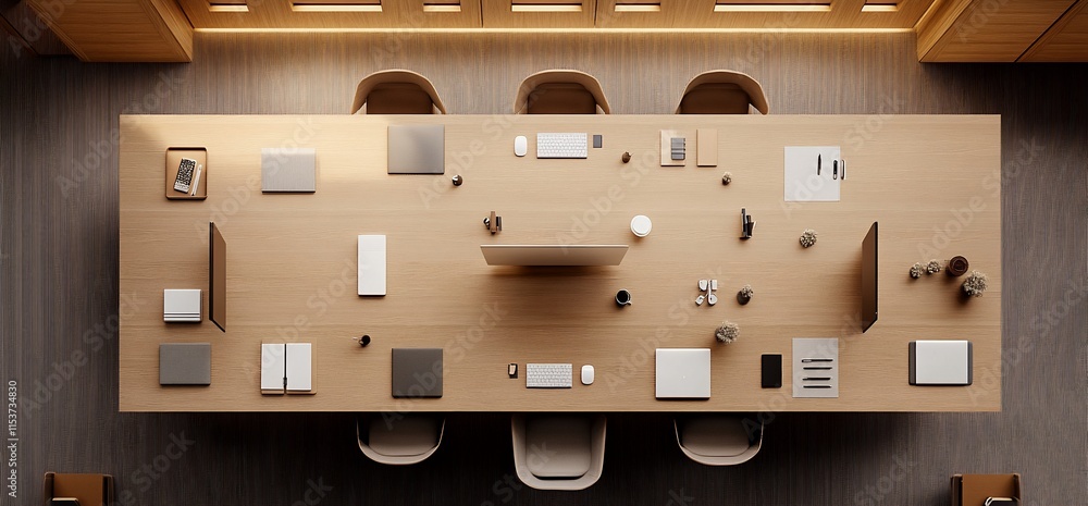 Poster a modern conference table setup with various devices and stationery.
