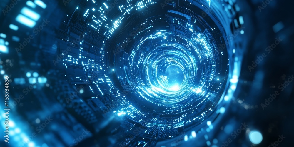 Poster futuristic space technology is illuminated in a captivating blue glow, creating a mesmerizing abstra
