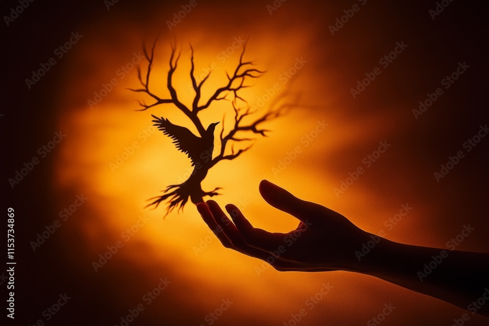 Aufkleber A pair of hands creating a shadow puppet of a bird on a plain wall, lit by a single light source