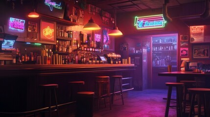 Bustling bar interior with neon-themed posters, warm pendant lamps, and a polished, spacious counter design