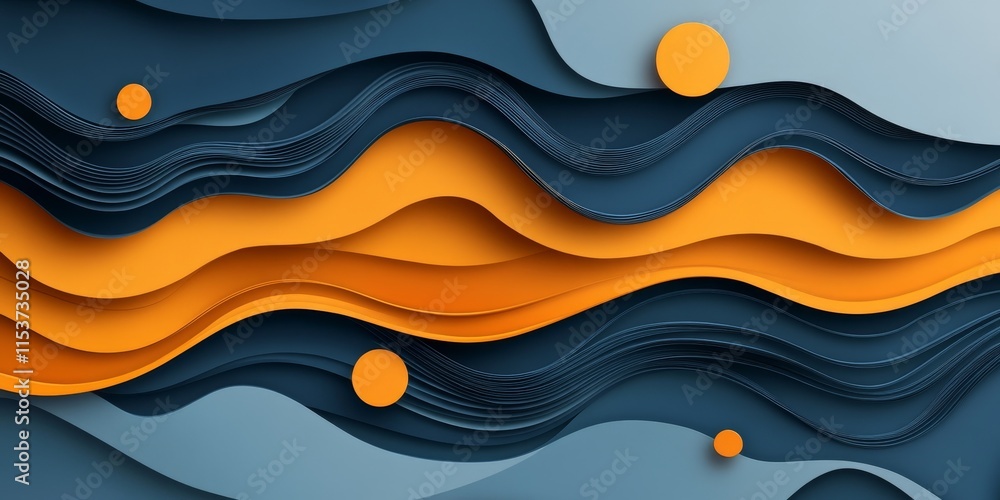 Poster futuristic origami design featuring abstract paper cut shapes, complemented by wave patterns, create