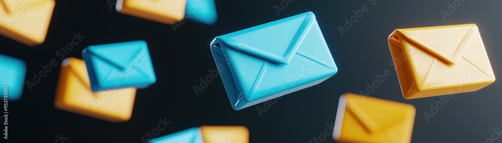 Poster colorful floating envelopes create a dynamic visual, symbolizing communication and digital messaging