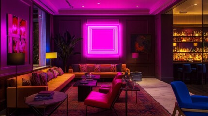 Chic lounge illuminated by radiant pink neon lights, stylish furniture, and a dynamic nightlife environment.
