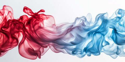 Fototapeta premium Dynamic flow of color liquid creates interesting and unique shapes. The red and light blue color tones blend in a captivating pattern, showcasing artistic design isolated on a white background.